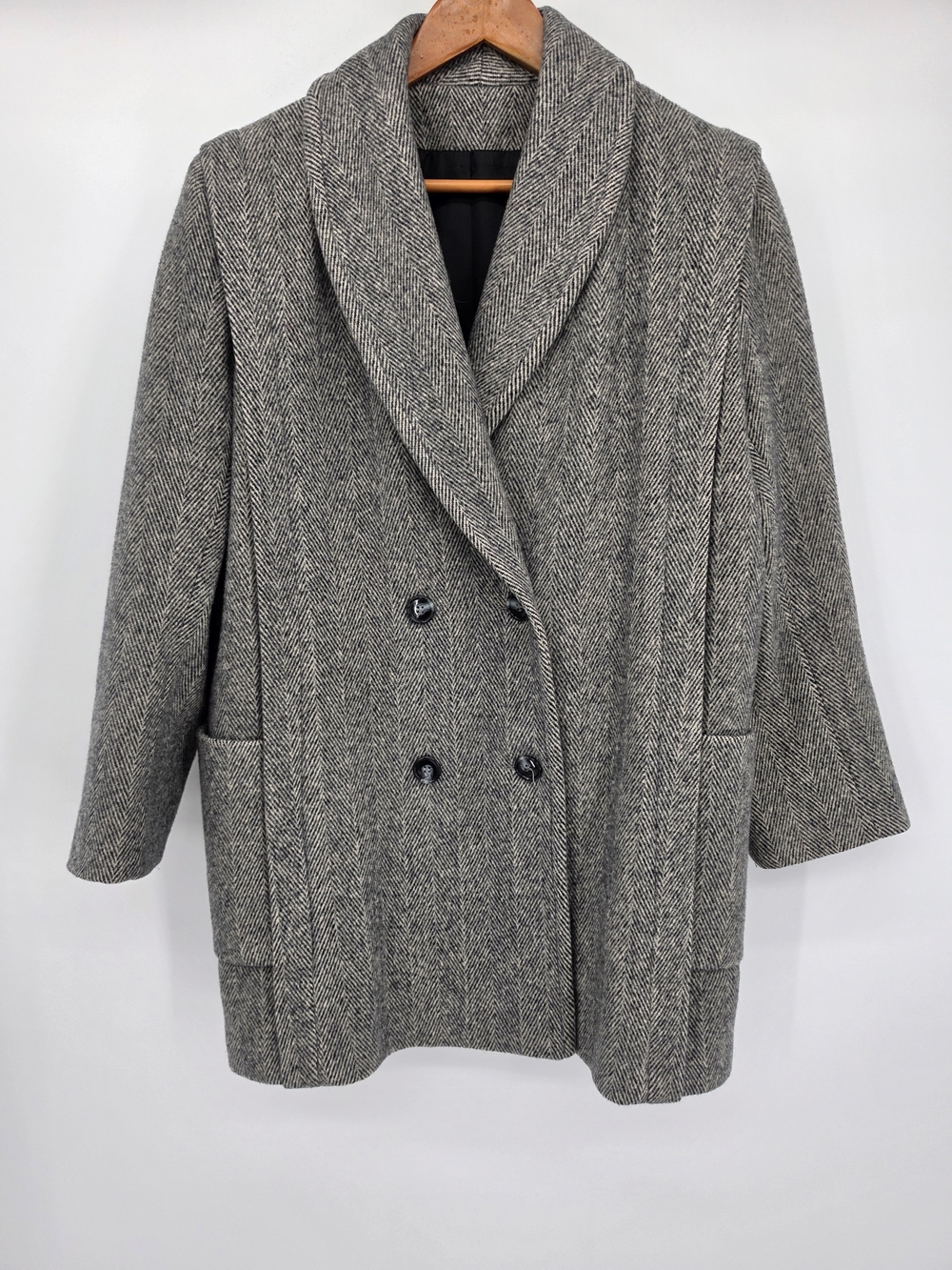 Noble Fashions Vintage Womens Gray Herringbone Wool Blend Double-Breasted Coat